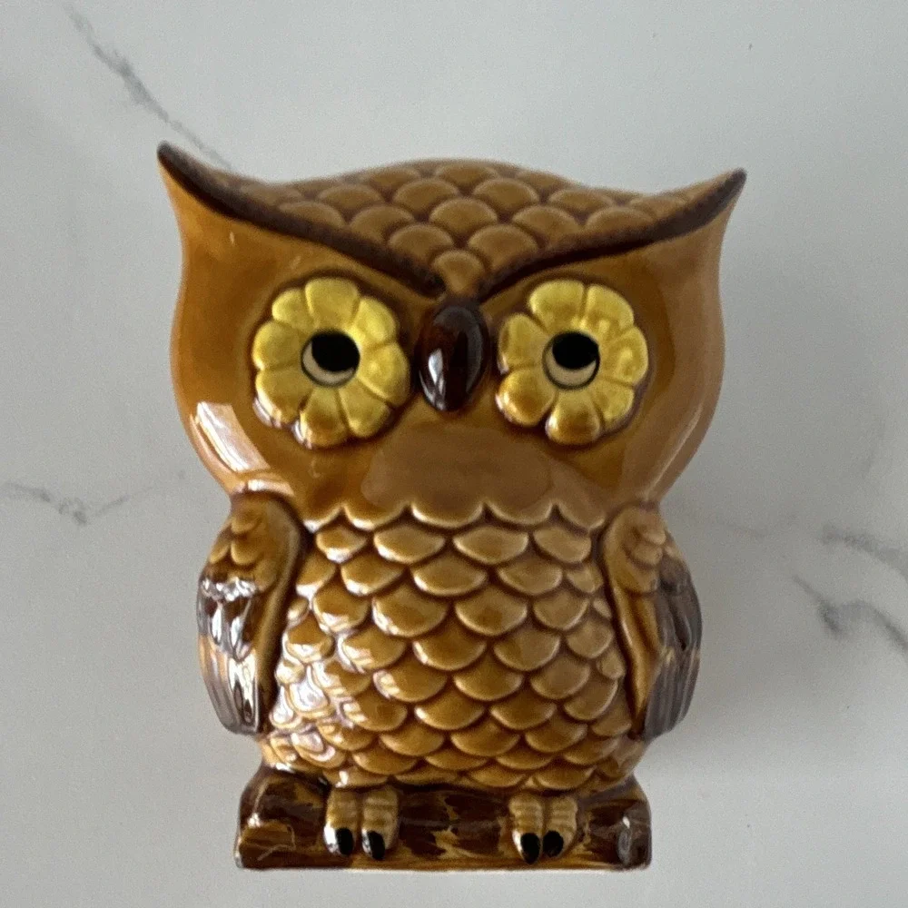 Vintage Glazed Ceramic Owl Napkin Letter Sponge Holder 3D Japan Retro